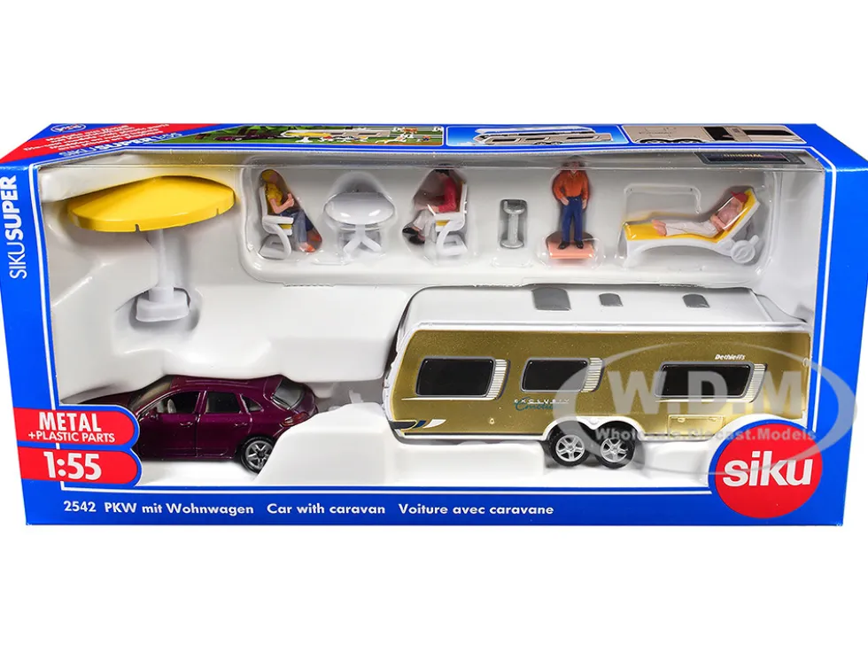 Porsche Macan Turbo Maroon Metallic and Dethleffs Exclusiv Emotion Caravan with Figures and Camp Accessories Set 1/55 Diecast Model by Siku