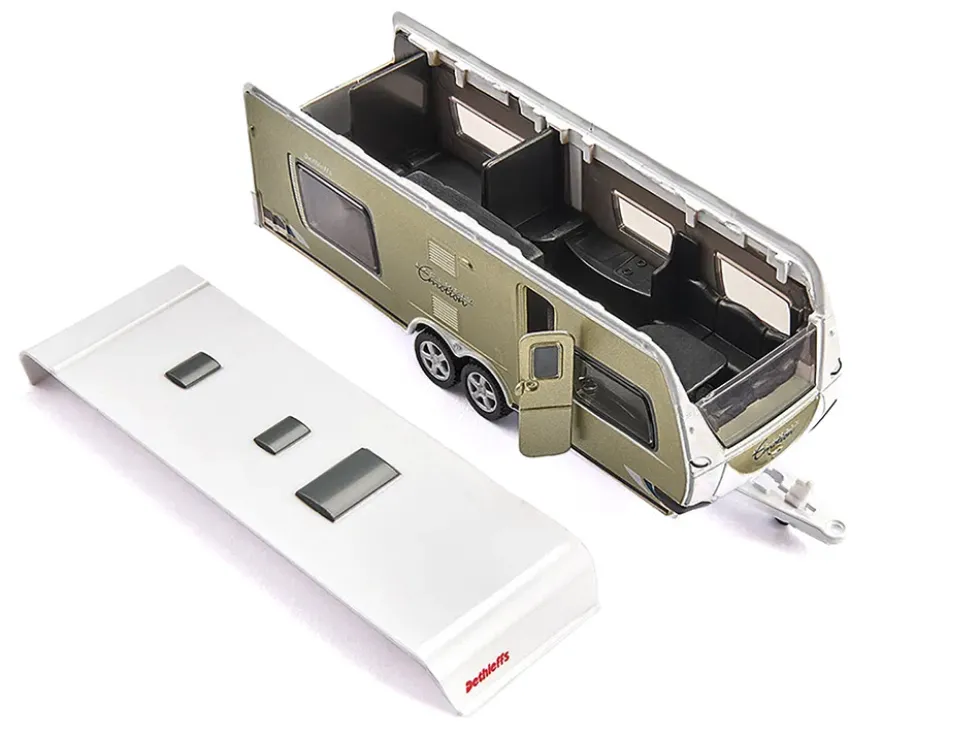 Porsche Macan Turbo Maroon Metallic and Dethleffs Exclusiv Emotion Caravan with Figures and Camp Accessories Set 1/55 Diecast Model by Siku