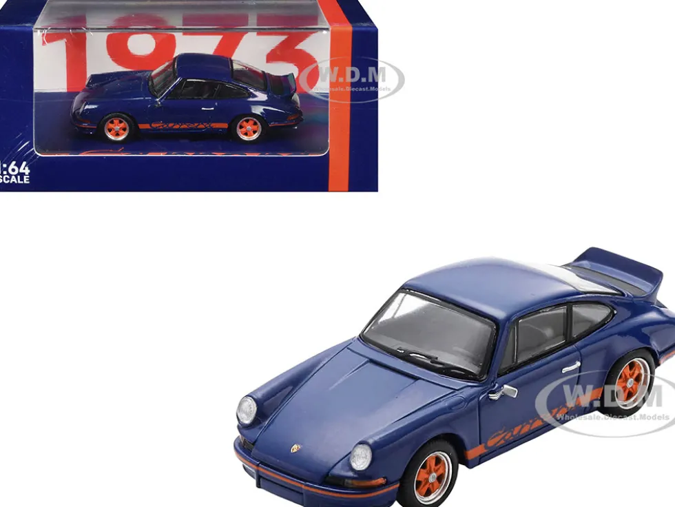1973 Porsche 911 RS 2.7 Blue with Orange Stripes 1/64 Model Car by Spark