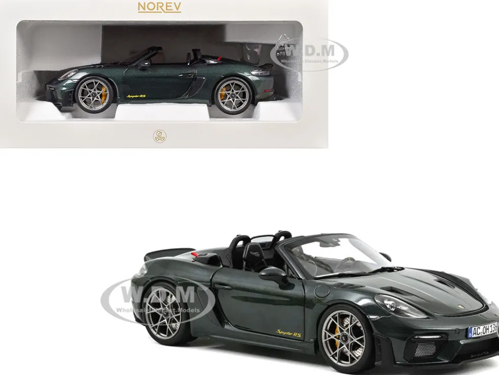 2023 Porsche 718 Spyder RS Weissach Pack Forest Green Metallic with Carbon Hood Stripes 1/18 Diecast Model Car by Norev