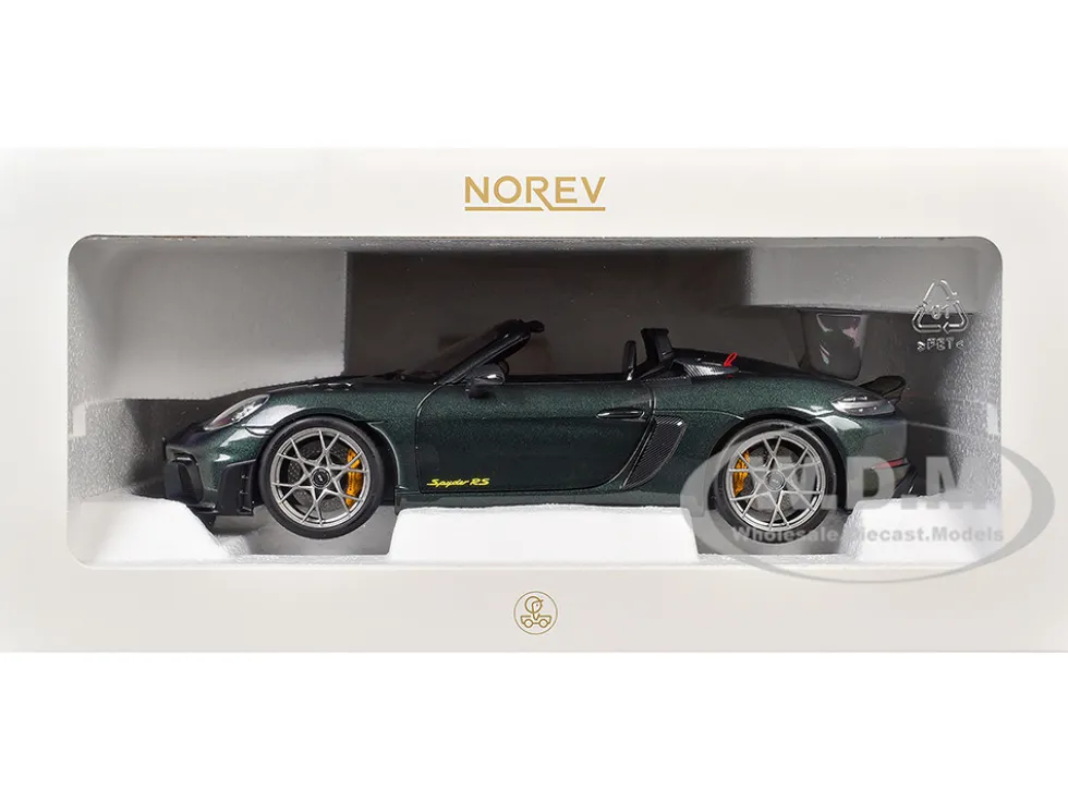 2023 Porsche 718 Spyder RS Weissach Pack Forest Green Metallic with Carbon Hood Stripes 1/18 Diecast Model Car by Norev