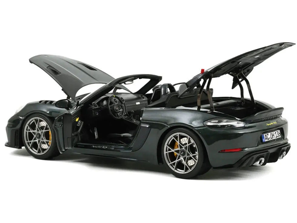 2023 Porsche 718 Spyder RS Weissach Pack Forest Green Metallic with Carbon Hood Stripes 1/18 Diecast Model Car by Norev