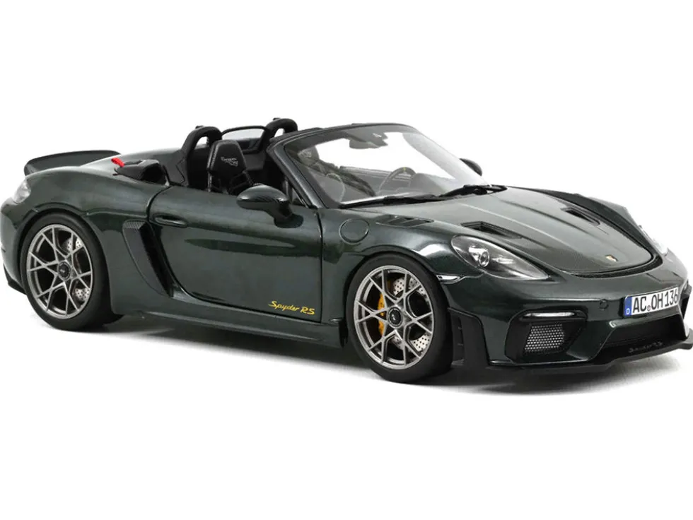 2023 Porsche 718 Spyder RS Weissach Pack Forest Green Metallic with Carbon Hood Stripes 1/18 Diecast Model Car by Norev