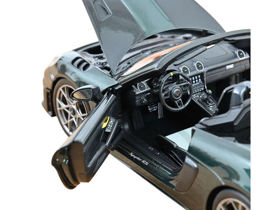 2023 Porsche 718 Spyder RS Weissach Pack Forest Green Metallic with Carbon Hood Stripes 1/18 Diecast Model Car by Norev