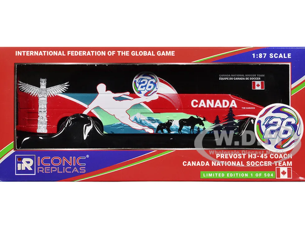 Prevost H3-45 Coach Bus "Canada National Soccer Team" Red with Graphics "International Federation of the Global Game" Series Limited Edition to 504 pieces Worldwide 1/87 (HO) Diecast Model by Iconic Replicas