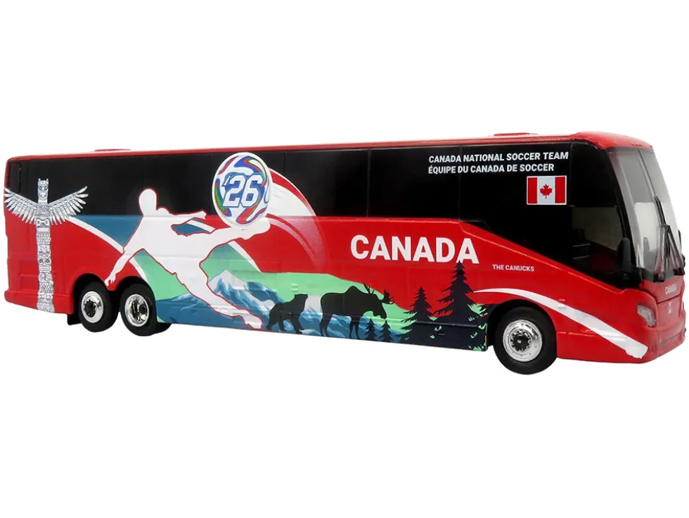 Prevost H3-45 Coach Bus "Canada National Soccer Team" Red with Graphics "International Federation of the Global Game" Series Limited Edition to 504 pieces Worldwide 1/87 (HO) Diecast Model by Iconic Replicas
