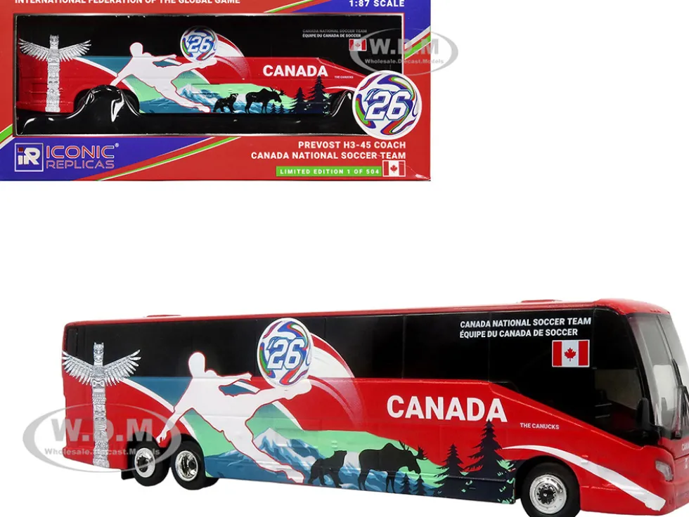 Prevost H3-45 Coach Bus "Canada National Soccer Team" Red with Graphics "International Federation of the Global Game" Series Limited Edition to 504 pieces Worldwide 1/87 (HO) Diecast Model by Iconic Replicas