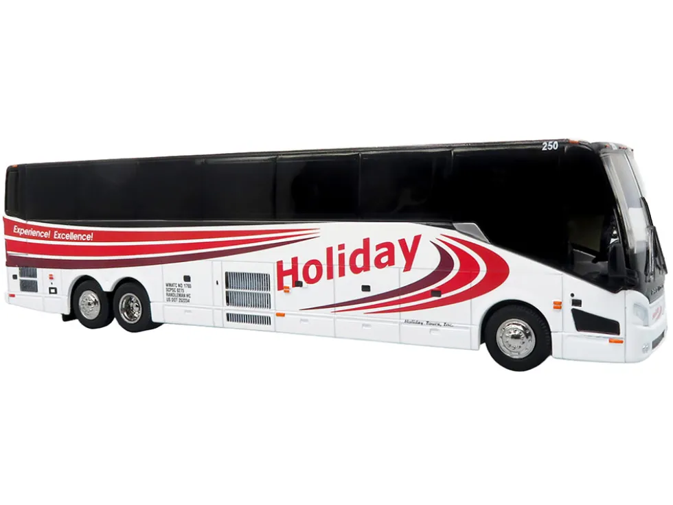 Prevost H3-45 Coach Bus "Holiday Tours" White with Red Graphics Limited Edition 1/64 Diecast Model by Iconic Replicas