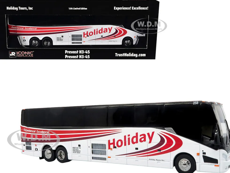 Prevost H3-45 Coach Bus "Holiday Tours" White with Red Graphics Limited Edition 1/64 Diecast Model by Iconic Replicas