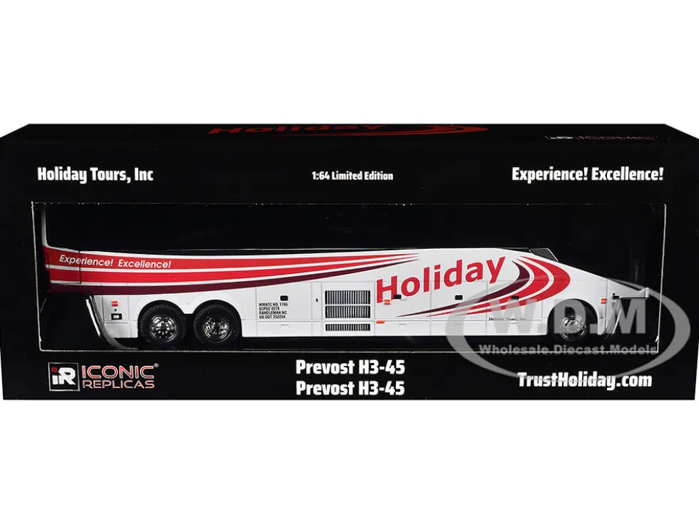 Prevost H3-45 Coach Bus "Holiday Tours" White with Red Graphics Limited Edition 1/64 Diecast Model by Iconic Replicas