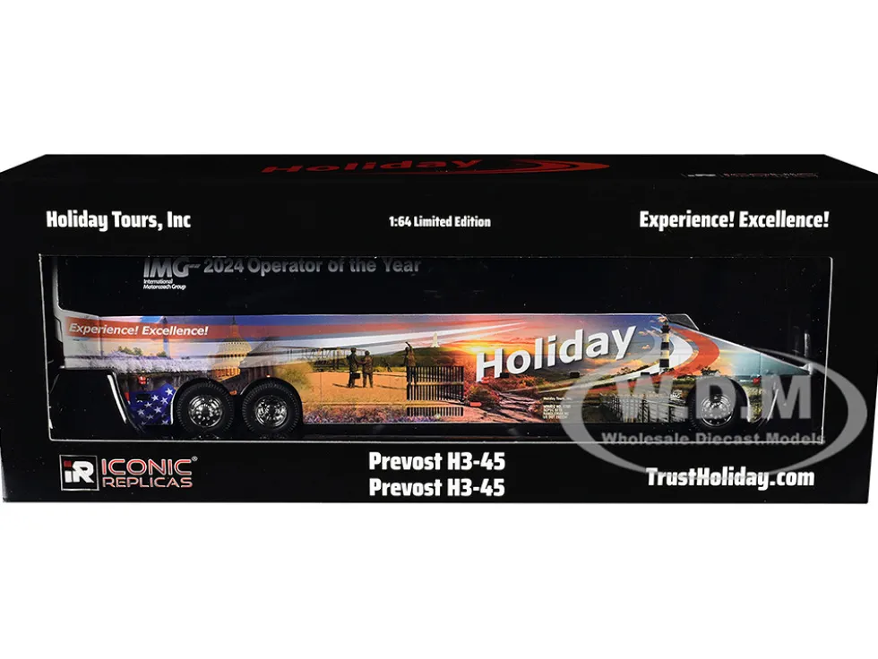 Prevost H3-45 Coach Bus "Holiday Tours - 2024 IMG Operator of the Year" White with Graphics Limited Edition 1/64 Diecast Model by Iconic Replicas