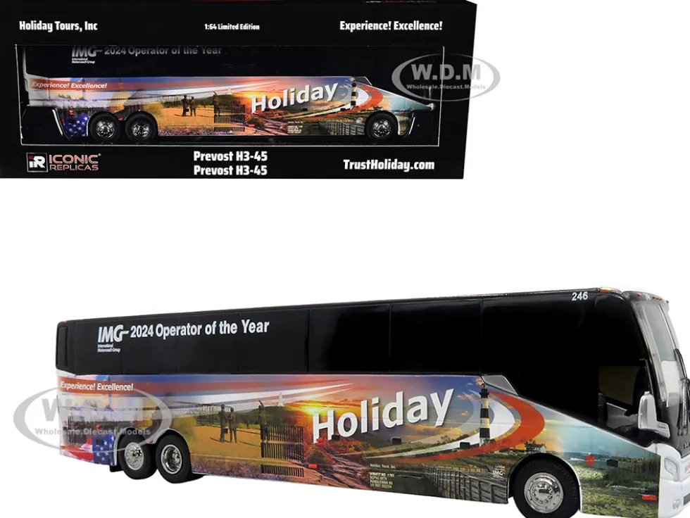 Prevost H3-45 Coach Bus "Holiday Tours - 2024 IMG Operator of the Year" White with Graphics Limited Edition 1/64 Diecast Model by Iconic Replicas