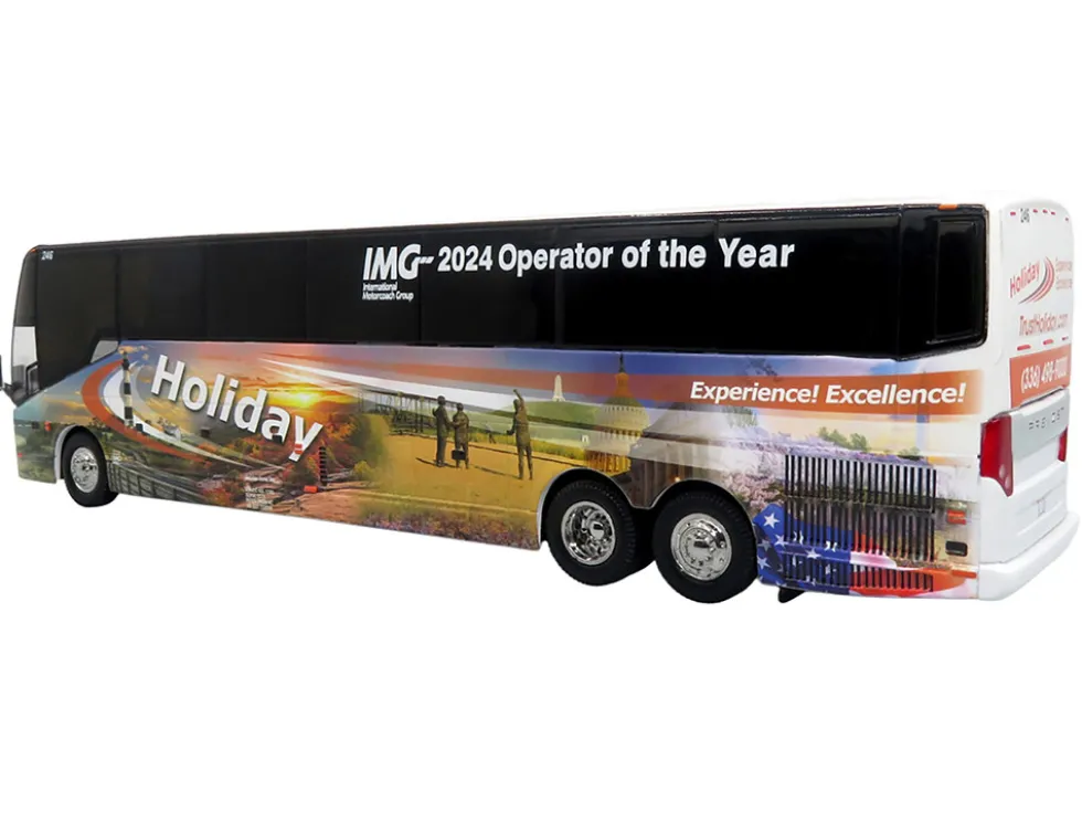 Prevost H3-45 Coach Bus "Holiday Tours - 2024 IMG Operator of the Year" White with Graphics Limited Edition 1/64 Diecast Model by Iconic Replicas