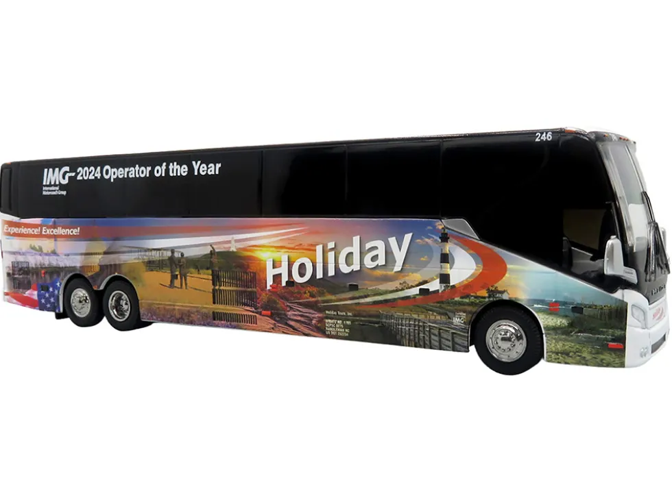 Prevost H3-45 Coach Bus "Holiday Tours - 2024 IMG Operator of the Year" White with Graphics Limited Edition 1/64 Diecast Model by Iconic Replicas