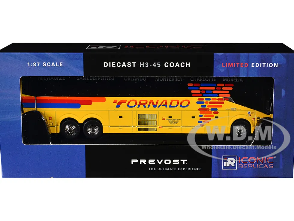 Prevost H3-45 Coach Bus "Tornado Bus Company" Yellow with Graphics Limited Edition 1/87 (HO) Diecast Model by Iconic Replicas