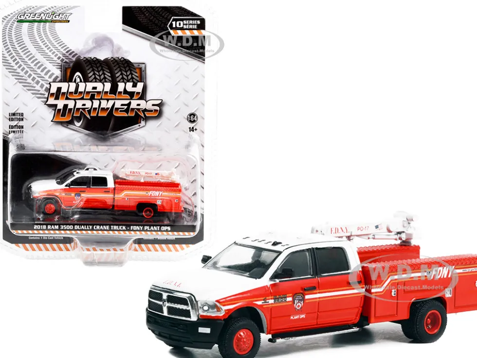 2018 Ram 3500 Dually Crane Truck Red and White with Stripes FDNY Fire Department of the City of New York Plant Ops Dually Drivers Series 10 1/64 Diecast Model Car Greenlight 46100D