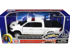2019 RAM 1500 Laramie Crew Cab Pickup Truck with Bed Cage White with Flashing Light Bar and Front and Rear Lights and Sounds 1/27 Diecast Model Car by Motormax