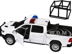 2019 RAM 1500 Laramie Crew Cab Pickup Truck with Bed Cage White with Flashing Light Bar and Front and Rear Lights and Sounds 1/27 Diecast Model Car by Motormax