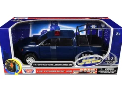 2019 RAM 1500 Laramie Crew Cab Pickup Truck with Bed Cage Dark Blue with Flashing Light Bar and Front and Rear Lights and Sounds 1/27 Diecast Model Car by Motormax