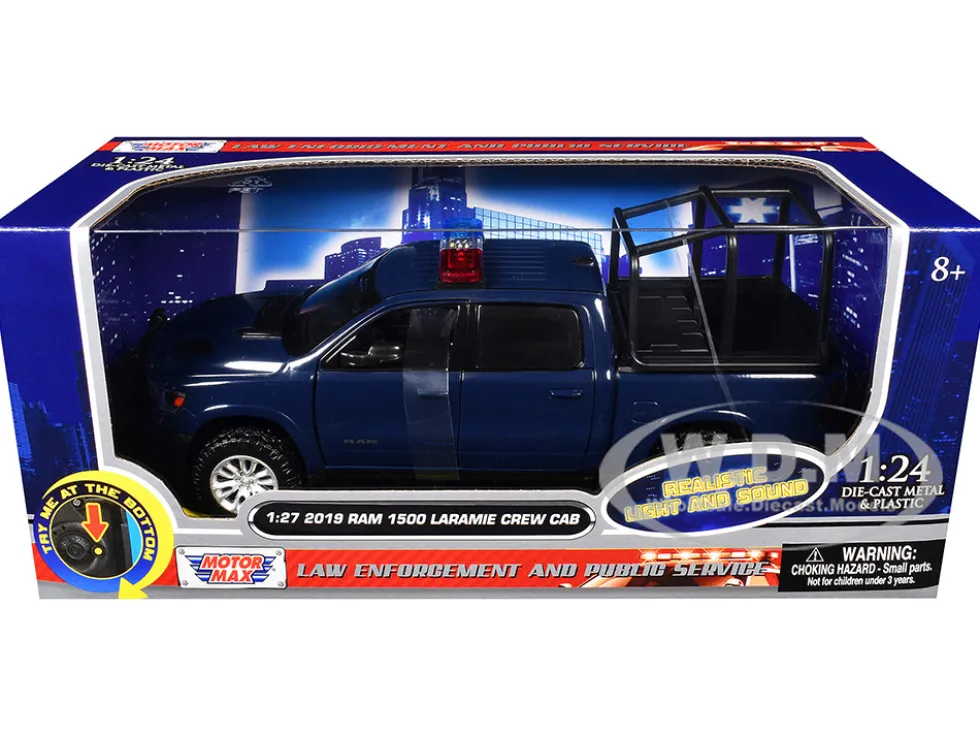 2019 RAM 1500 Laramie Crew Cab Pickup Truck with Bed Cage Dark Blue with Flashing Light Bar and Front and Rear Lights and Sounds 1/27 Diecast Model Car by Motormax