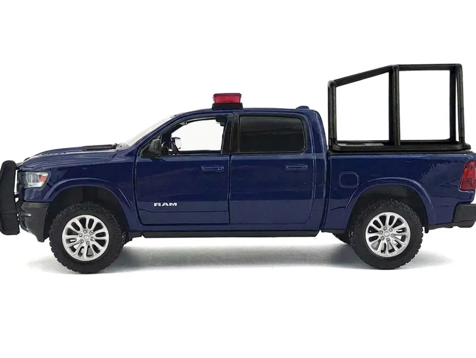 2019 RAM 1500 Laramie Crew Cab Pickup Truck with Bed Cage Dark Blue with Flashing Light Bar and Front and Rear Lights and Sounds 1/27 Diecast Model Car by Motormax
