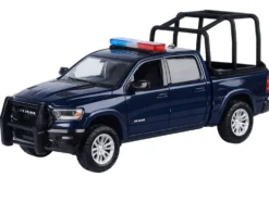 2019 RAM 1500 Laramie Crew Cab Pickup Truck with Bed Cage Dark Blue with Flashing Light Bar and Front and Rear Lights and Sounds 1/27 Diecast Model Car by Motormax