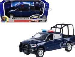 2019 RAM 1500 Laramie Crew Cab Pickup Truck with Bed Cage Dark Blue with Flashing Light Bar and Front and Rear Lights and Sounds 1/27 Diecast Model Car by Motormax
