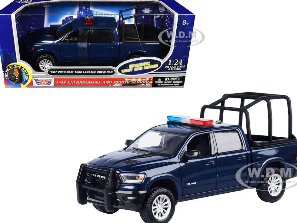 2019 RAM 1500 Laramie Crew Cab Pickup Truck with Bed Cage Dark Blue with Flashing Light Bar and Front and Rear Lights and Sounds 1/27 Diecast Model Car by Motormax