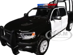 2019 RAM 1500 Laramie Crew Cab Pickup Truck with Bed Cage Black and White with Flashing Light Bar and Front and Rear Lights and Sounds 1/27 Diecast Model Car by Motormax