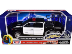 2019 RAM 1500 Laramie Crew Cab Pickup Truck with Bed Cage Black and White with Flashing Light Bar and Front and Rear Lights and Sounds 1/27 Diecast Model Car by Motormax