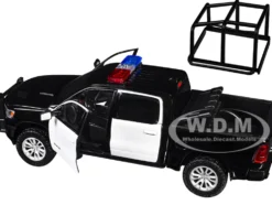 2019 RAM 1500 Laramie Crew Cab Pickup Truck with Bed Cage Black and White with Flashing Light Bar and Front and Rear Lights and Sounds 1/27 Diecast Model Car by Motormax