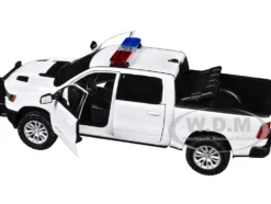 2019 RAM 1500 Laramie Crew Cab Pickup Truck White with Flashing Light Bar and Front and Rear Lights and Sounds 1/27 Diecast Model Car by Motormax