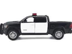 2019 RAM 1500 Laramie Crew Cab Pickup Truck Black and White with Flashing Light Bar and Front and Rear Lights and Sounds 1/27 Diecast Model Car by Motormax
