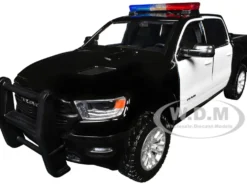 2019 RAM 1500 Laramie Crew Cab Pickup Truck Black and White with Flashing Light Bar and Front and Rear Lights and Sounds 1/27 Diecast Model Car by Motormax