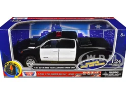 2019 RAM 1500 Laramie Crew Cab Pickup Truck Black and White with Flashing Light Bar and Front and Rear Lights and Sounds 1/27 Diecast Model Car by Motormax