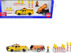 Ram 1500 Pickup Truck Yellow with Compressor Trailer and Worker Figure with Accessories Set 1/50 Diecast Models Siku 3505