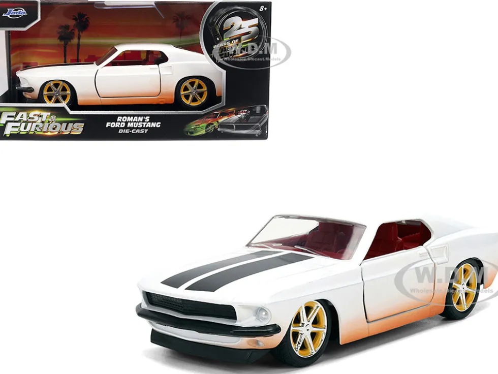 Roman's Ford Mustang White with Black Stripes and Red Interior (Dirty Version) "Fast & Furious" Movie "Fast & Furious 25th Anniversary" Series 1/32 Diecast Model Car by Jada