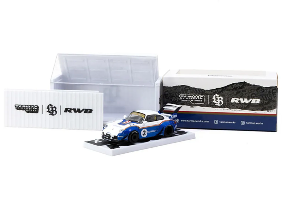 RWB 993 #2 "Liberty Walk" White and Blue Metallic with Container Packaging "Hobby64" Series 1/64 Diecast Model Car by Tarmac Works