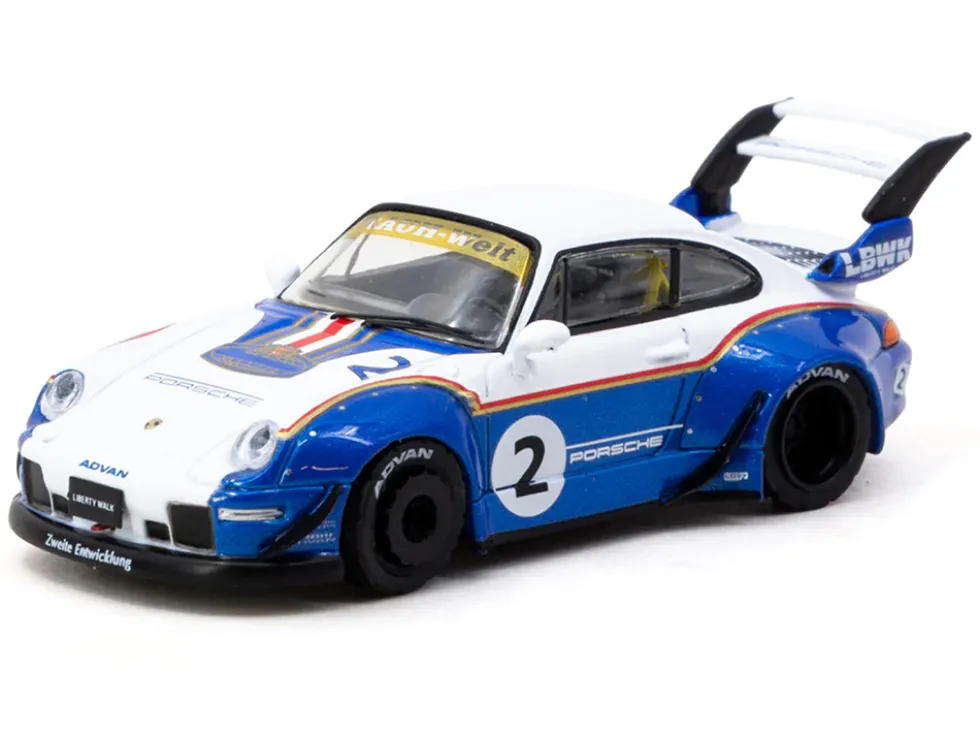RWB 993 #2 "Liberty Walk" White and Blue Metallic with Container Packaging "Hobby64" Series 1/64 Diecast Model Car by Tarmac Works