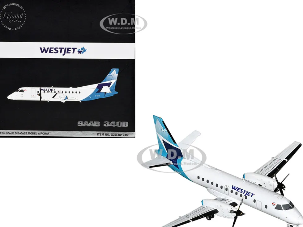 Saab 340B Commercial Aircraft "WestJet" (C-GOIA) White with Blue Stripes and Tail "Gemini 200" Series 1/200 Diecast Model Airplane by GeminiJets