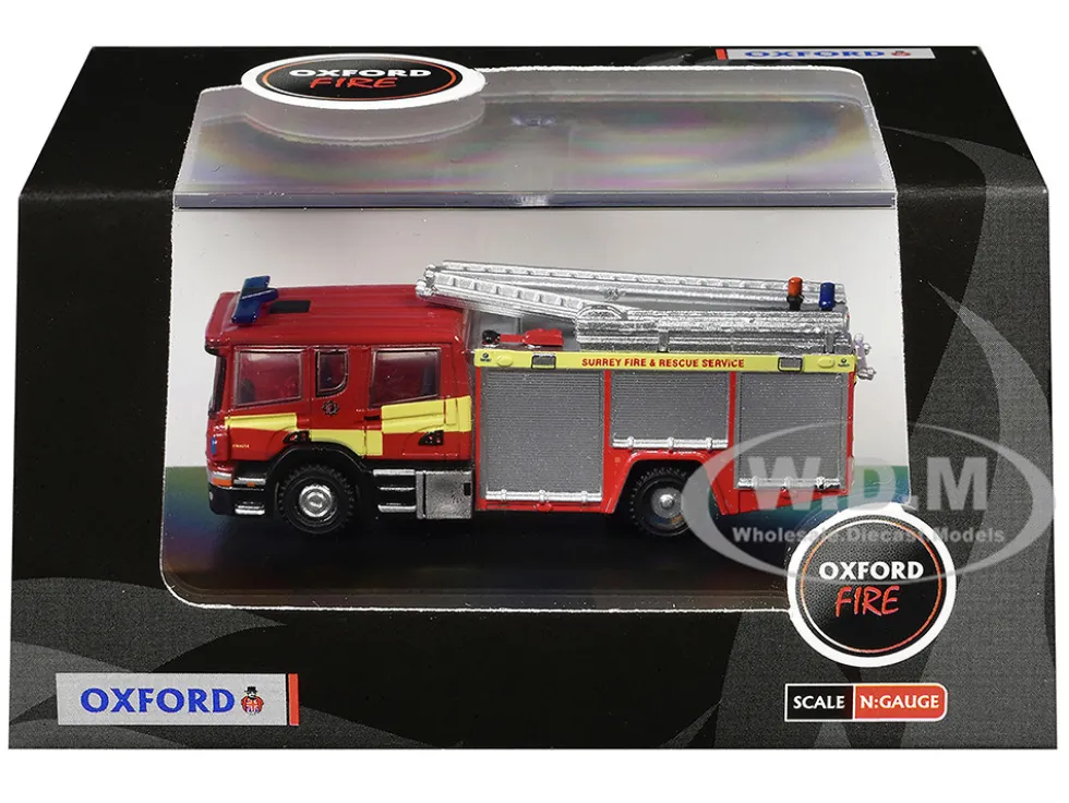 Scania Pump Ladder Fire Engine "Surrey Fire and Rescue" Red with Yellow Stripes 1/148 (N) Scale Diecast Model Car by Oxford Diecast