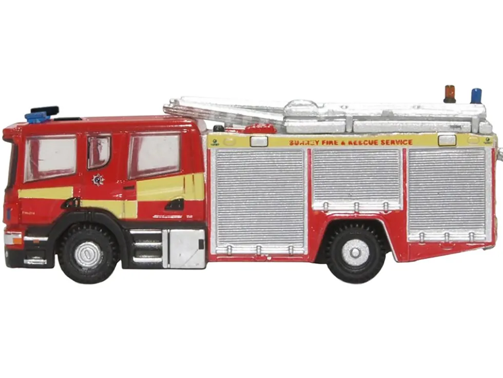 Scania Pump Ladder Fire Engine "Surrey Fire and Rescue" Red with Yellow Stripes 1/148 (N) Scale Diecast Model Car by Oxford Diecast