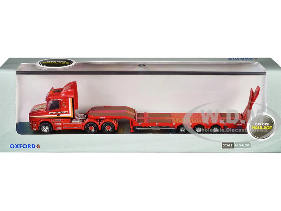 Scania T-Cab Truck RHD (Right Hand Drive) with Lowboy Trailer "Sandy Kydd" Red with Stripes 1/148 (N) Scale Diecast Model Car by Oxford Diecast