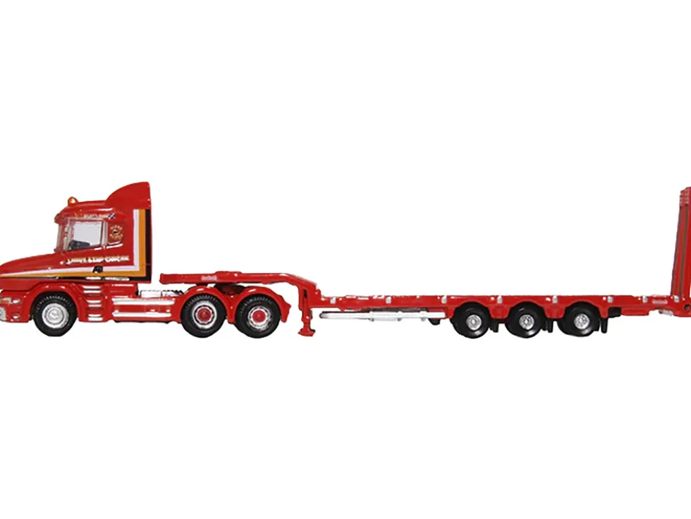 Scania T-Cab Truck RHD (Right Hand Drive) with Lowboy Trailer "Sandy Kydd" Red with Stripes 1/148 (N) Scale Diecast Model Car by Oxford Diecast