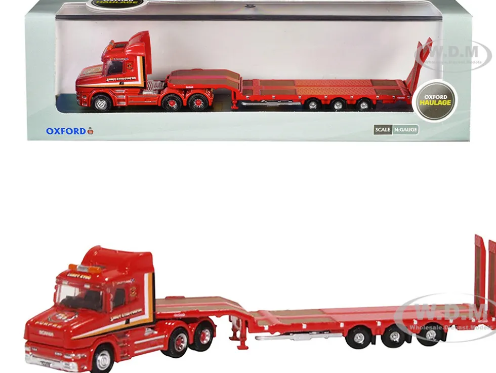 Scania T-Cab Truck RHD (Right Hand Drive) with Lowboy Trailer "Sandy Kydd" Red with Stripes 1/148 (N) Scale Diecast Model Car by Oxford Diecast