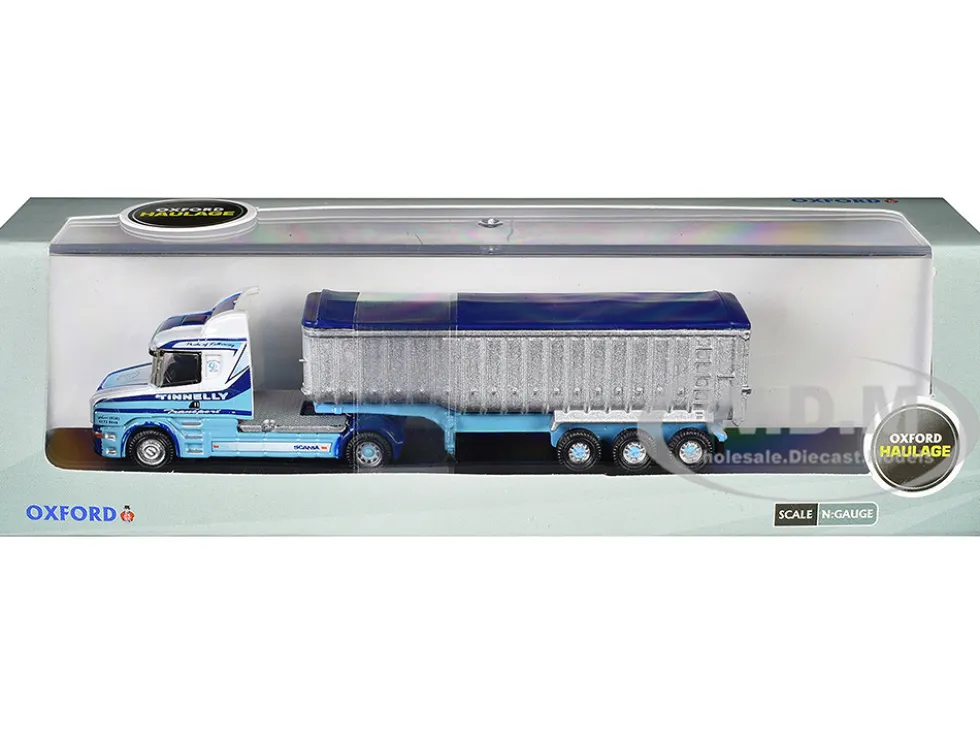 Scania T-Cab Truck RHD (Right Hand Drive) with Covered Dump Trailer "Tinnelly" White with Blue Graphics 1/148 (N) Scale Diecast Model Car by Oxford Diecast
