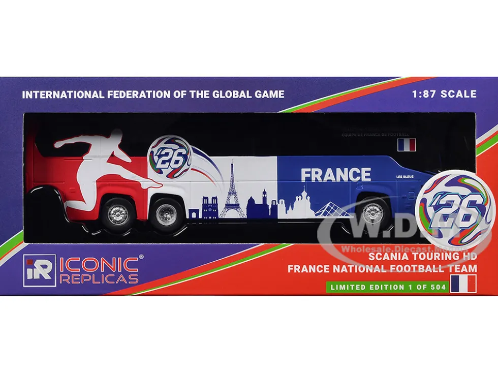 Scania Touring HD Coach Bus "France National Football Team" Blue with Graphics "International Federation of the Global Game" Series Limited Edition to 504 pieces Worldwide 1/87 (HO) Diecast Model by Iconic Replicas
