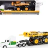 Semi Truck "John Deere" White and Green with Flatbed Trailer and Hagie STS12 Sprayer Yellow 1/64 Diecast Models by ERTL TOMY