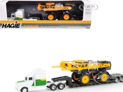 Semi Truck "John Deere" White and Green with Flatbed Trailer and Hagie STS12 Sprayer Yellow 1/64 Diecast Models by ERTL TOMY