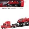 Semi Truck Red with Flatbed Trailer and Case IH Patriot 4350 Sprayer Red "Case IH Agriculture" Series 1/64 Diecast Models by ERTL TOMY